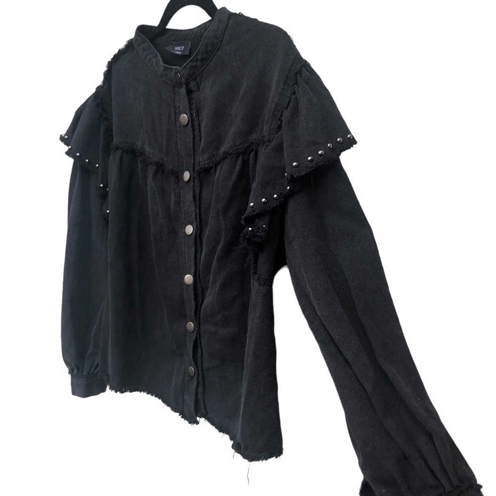 Vici Black Denim Studded Ruffle Shoulders size XS - Picture 4 of 7